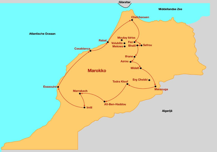 kaart van de 16 daagse Marokko rondreis van Verkiko