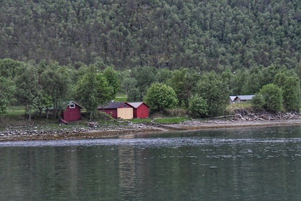 Huisjes in de bossen tijdens de busrit Bodø-Trondheim