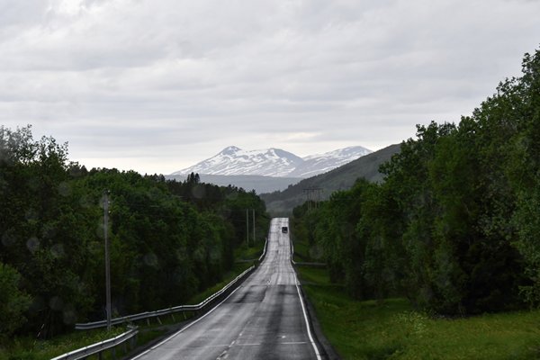 Natte weg met besneeuwde berg in de verte, omgeving Lofoten