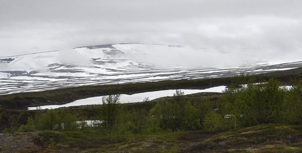 Sneeuw en wolken op de hoogvlakte tijdens de busrit Bodø-Trondheim