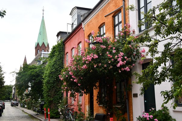 Straat in Østerbro (Kopenhagen) met bloemenrijk huis