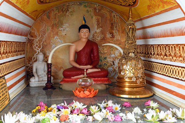Boeddhabeeld met bloemoffers bij de Thuparama Dagoba in Anuradhapura (Sri Lanka)