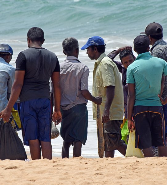 Vissers verdelen de vangst op het strand van Kosgoda (Sri Lanka)